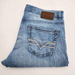 BKE Buckle Tyler Jeans Mens 38X28 Blue Denim Straight Leg Whiskers‎ Weste